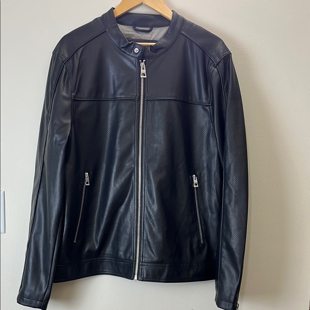 GUESS Black Faux Leather Perforated Jacket Size Large